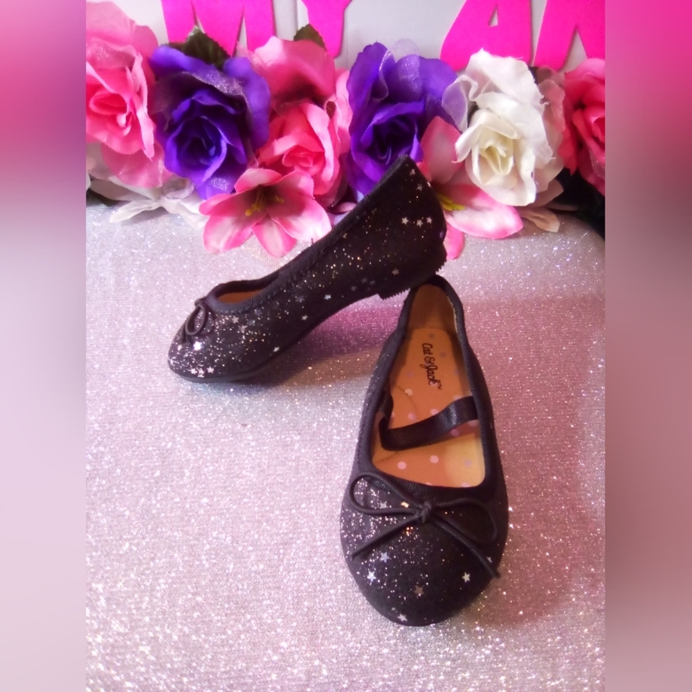 #174👉🏼Toddlers Black🖤/w-Silver Stars Dress Shoes - Picture 1 of 6